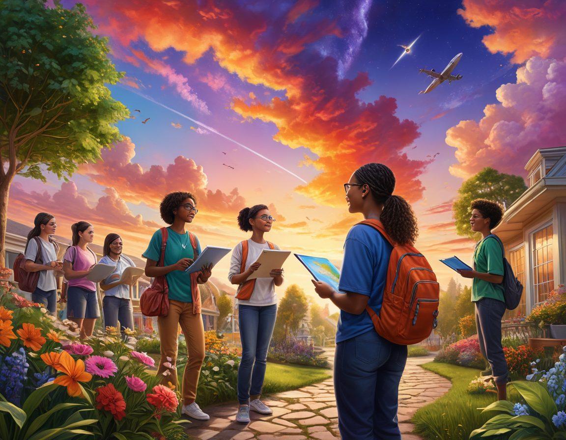 A dynamic scene depicting a diverse group of students exploring various vocational pathways under a vibrant, colorful sky. Include symbols of different careers like tools, books, and digital devices scattered along winding paths. The foreground features a knowledgeable counselor guiding the hopeful students with an open map, symbolizing guidance and opportunity. The setting should be bright and inviting, representing growth and possibility. super-realistic. vibrant colors.